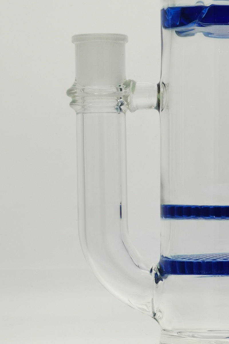 Close-up side view of TAG Double Honeycomb Bong with blue accents and 18MM Female joint