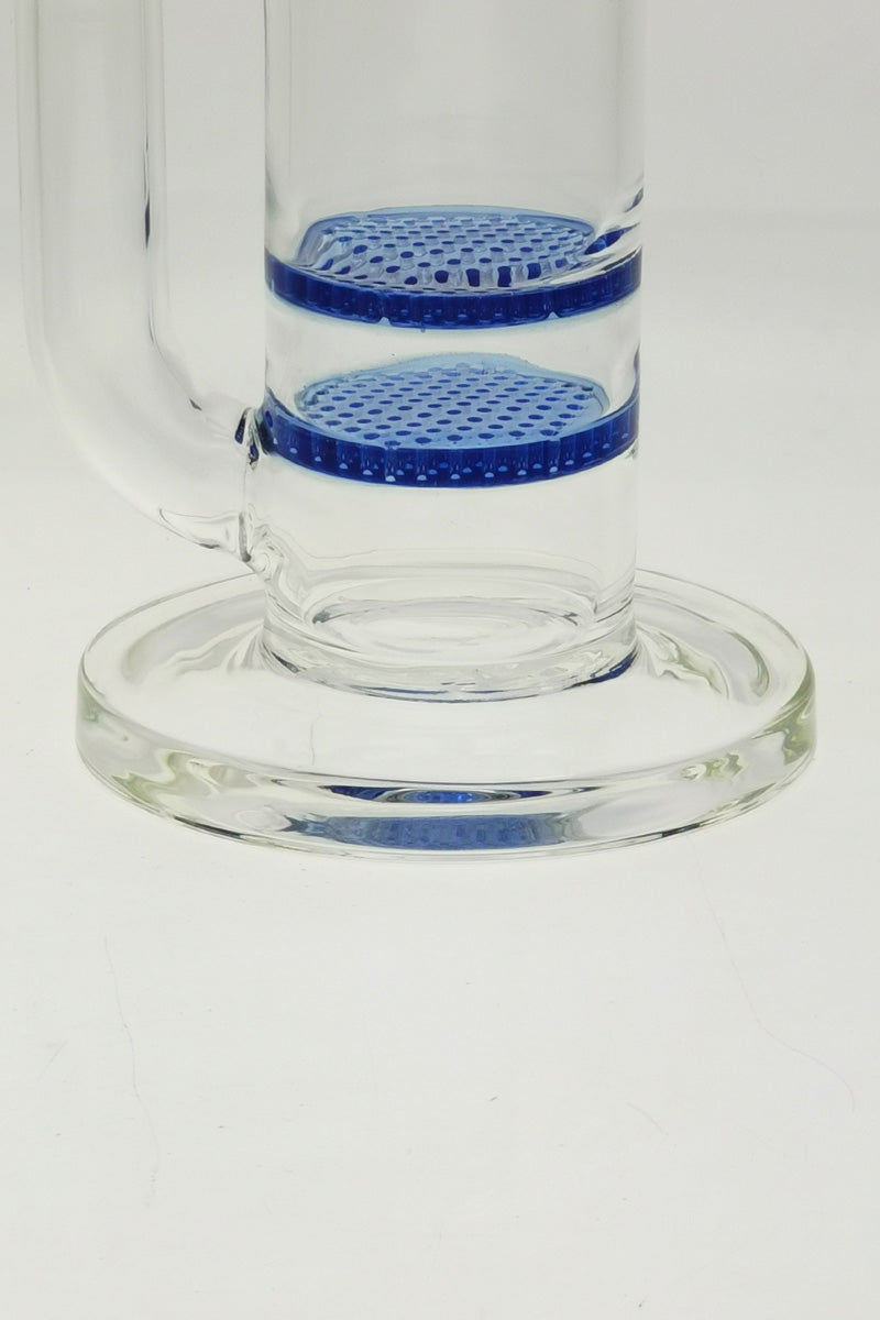 Close-up of TAG 24.5" bong base with double honeycomb discs and light blue accents