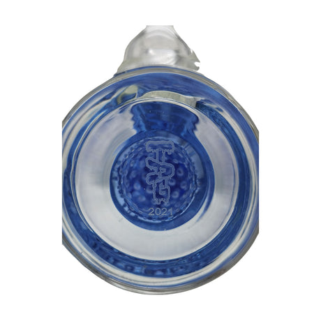 Top view of TAG 24.5" Double Honeycomb Bong with Blue Accents and 2021 engraving
