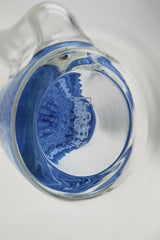 Close-up of TAG bong base with double honeycomb perc in light blue, 7mm thick glass, top view