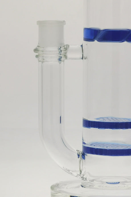 Close-up of TAG glass bong with double honeycomb & showerhead percs, light blue accents, 18MM female joint.