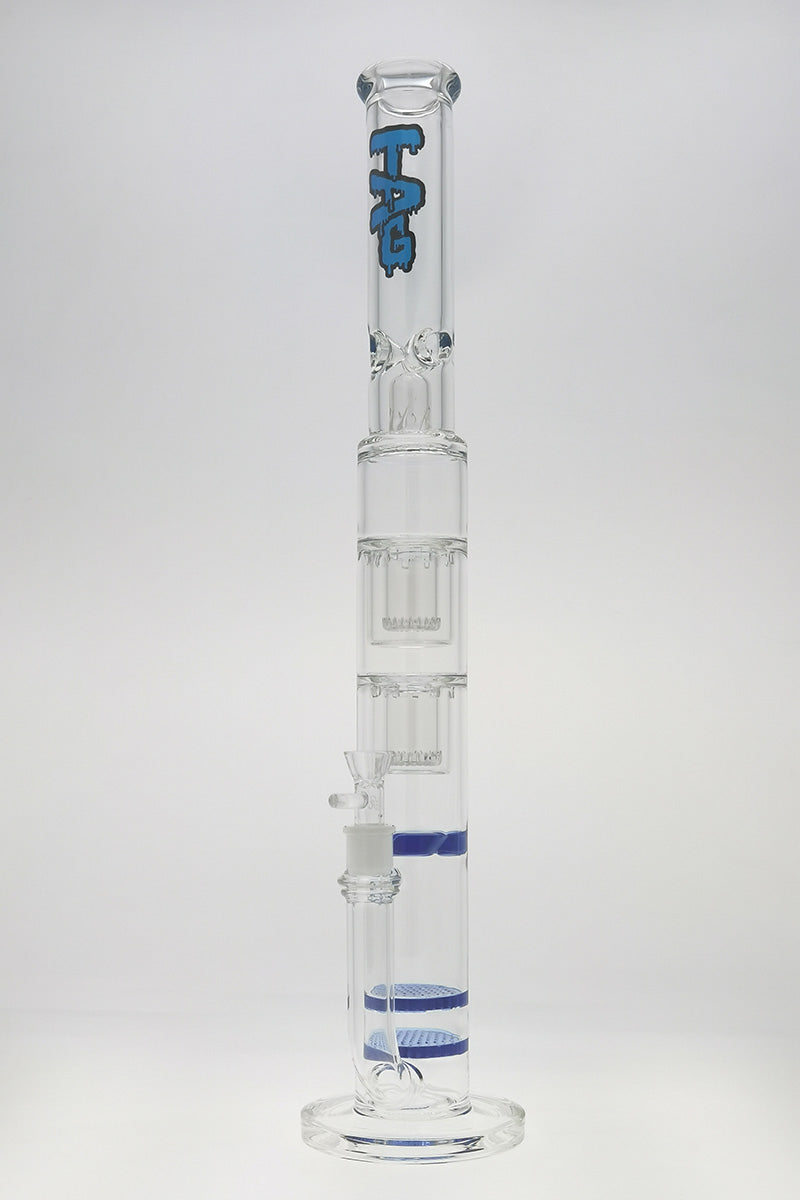 TAG 24.5" Bong with Double Honeycomb & Showerhead Percolators, 18MM Female Joint, 7MM Thick, Blue Accents