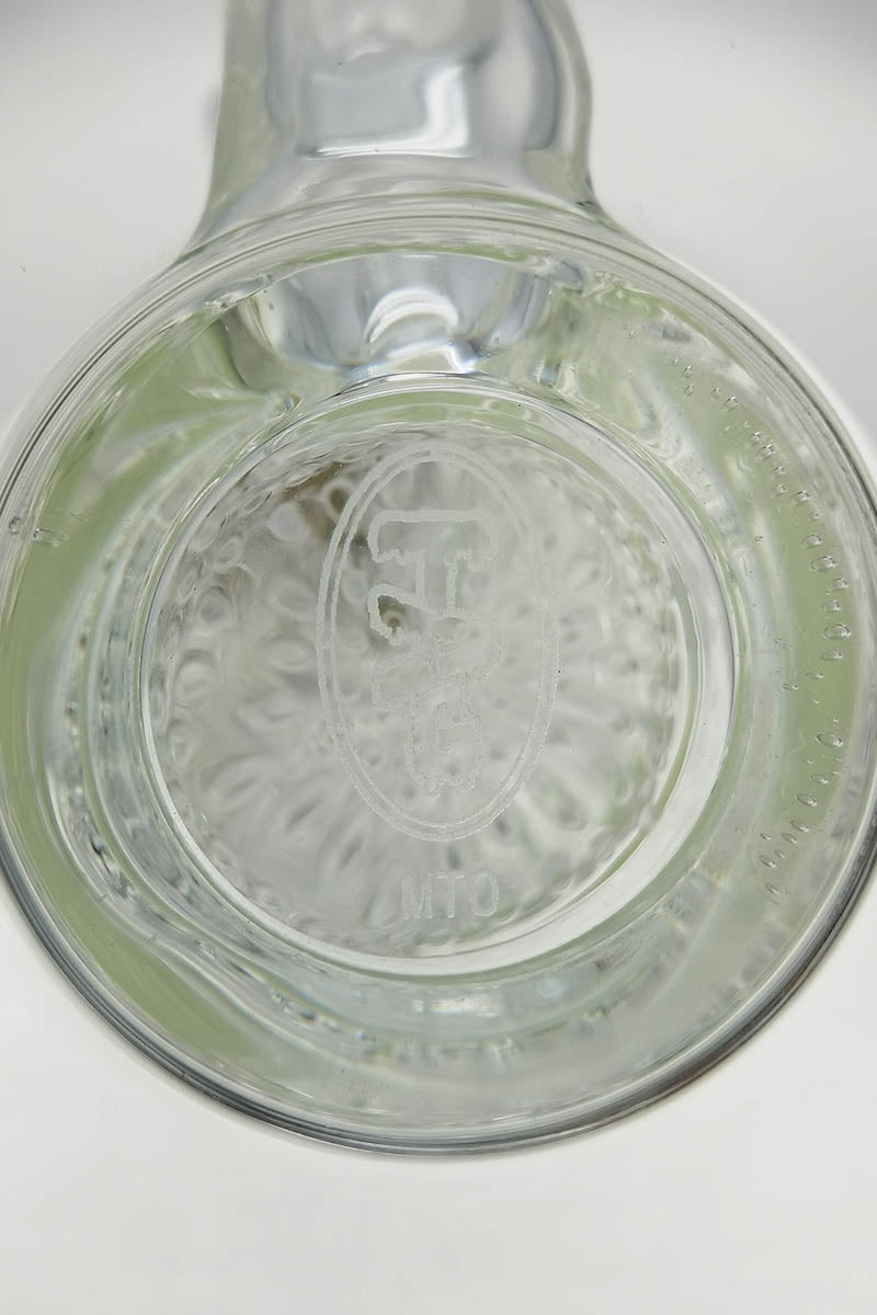 Close-up view of TAG 25" bong base with double honeycomb percolator and Thick Ass Glass logo