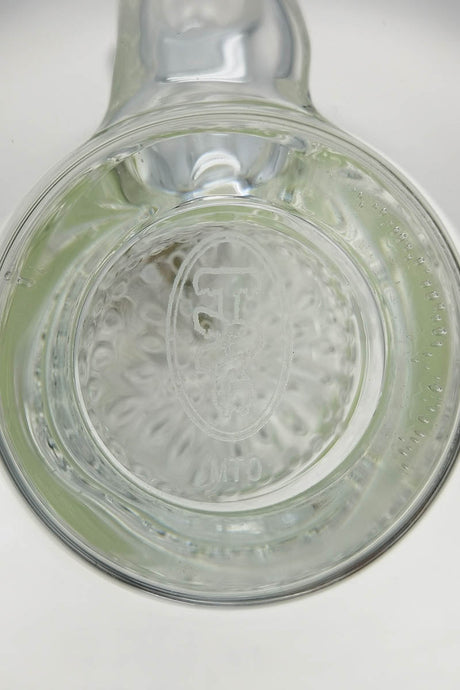 Close-up view of TAG 25" bong base with double honeycomb percolator and Thick Ass Glass logo