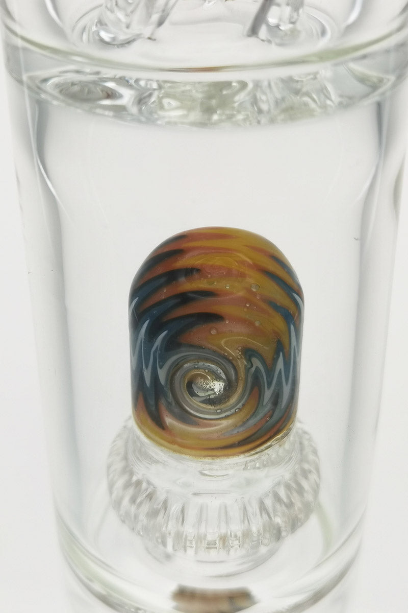 Close-up TAG bong with double honeycomb, UFO percs, and worked glass detail