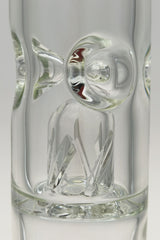 Close-up of TAG bong's double honeycomb percolator detail with clear glass and logo