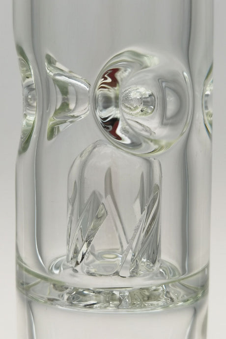 Close-up of TAG bong's double honeycomb percolator detail with clear glass and logo