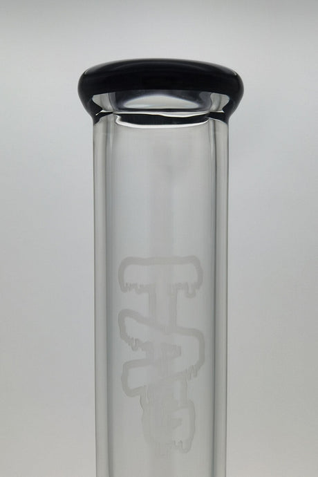 Close-up of Thick Ass Glass 27" Quartz Bong with Black Accents and Frosted Logo