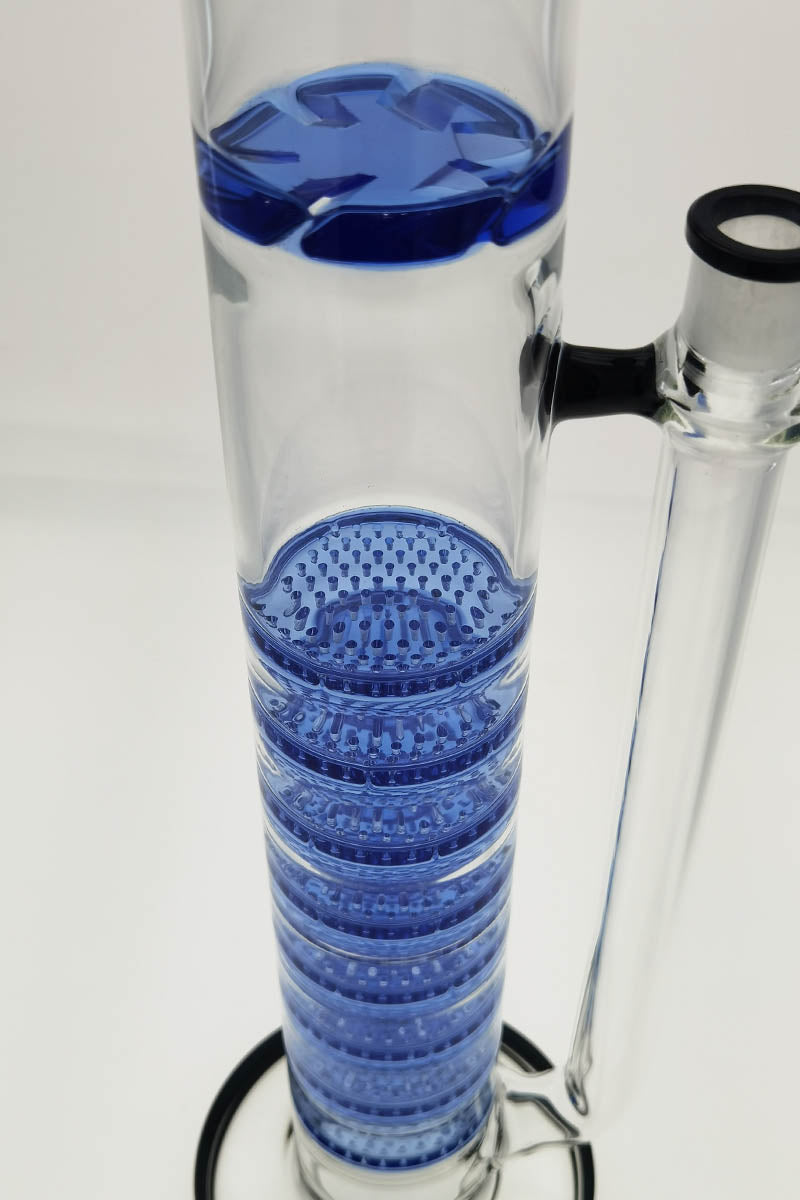 TAG 27" Bong with Blue Honeycomb Percolators, 18MM Female Joint, Side View