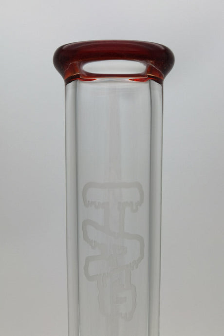 Close-up of Thick Ass Glass 27" Quartz Bong with red accents, showcasing octuple honeycomb detail.