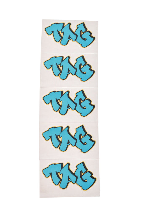 TAG 5-pack graffiti label stickers in blue, front view on white background, perfect for customization