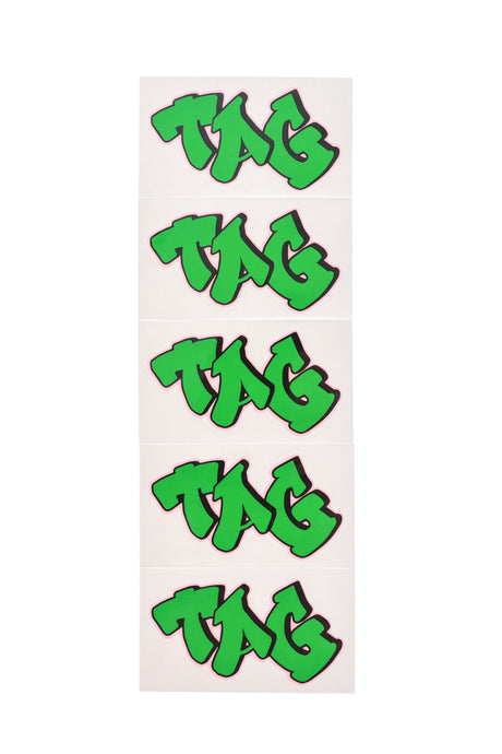 Pack of 5 TAG Graffiti Green Label Stickers for personalizing items, front view on white background