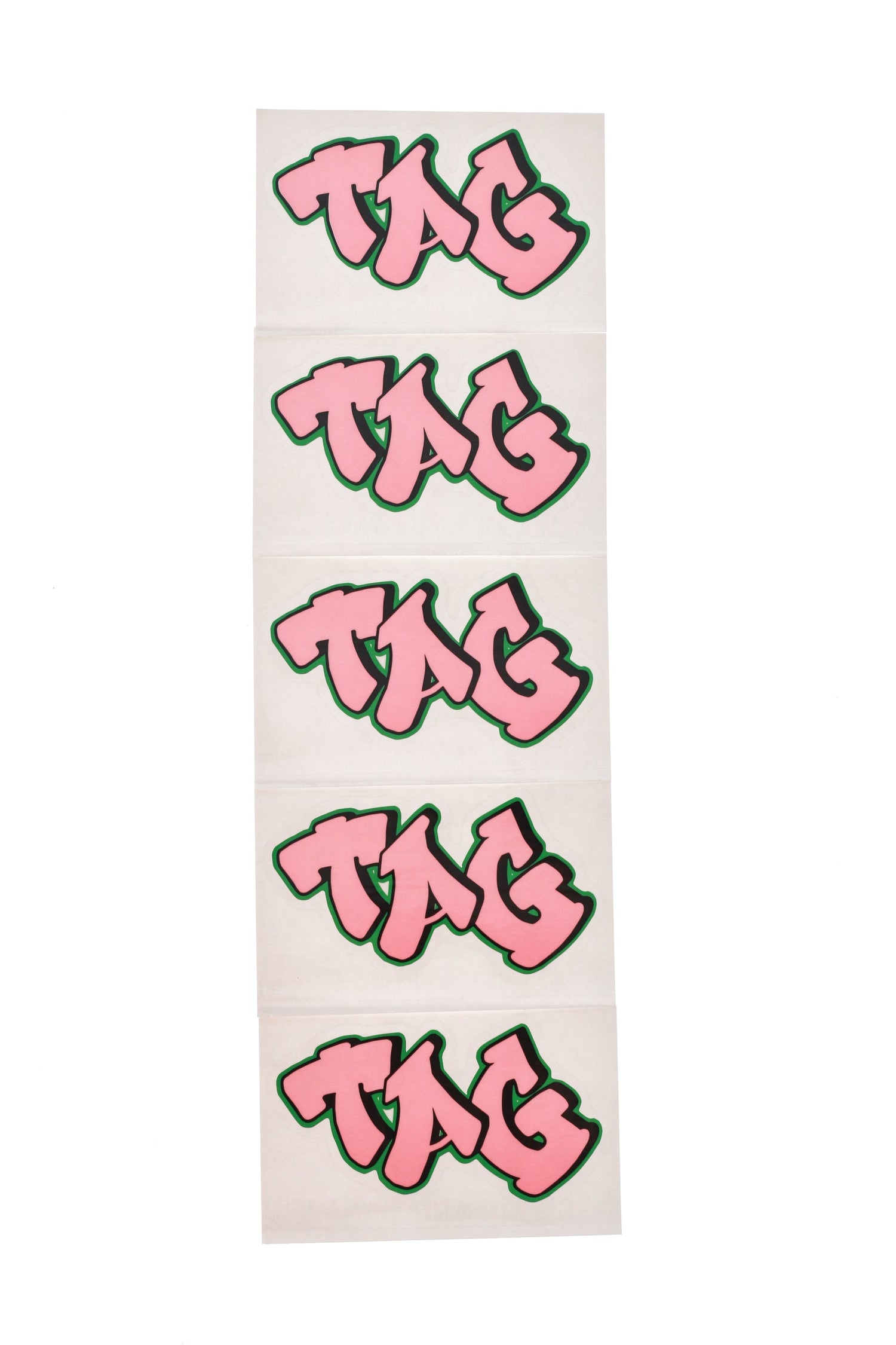 TAG 5-pack graffiti label stickers in pink on white background, vertical display