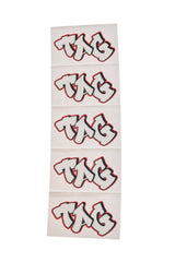 TAG branded 5-pack graffiti label stickers in white with red outline, front view