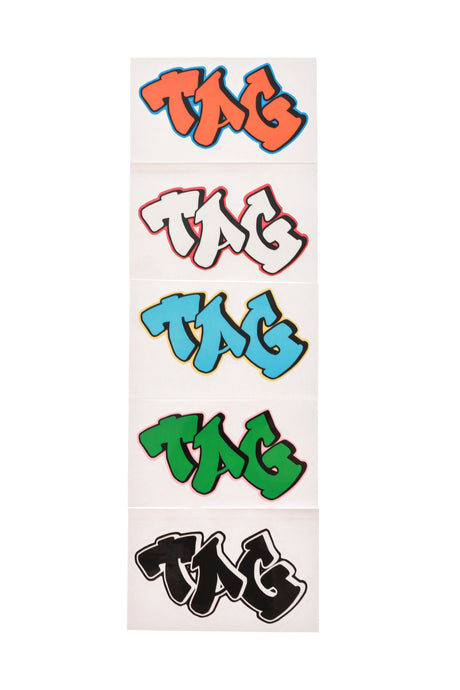 TAG Graffiti Label Stickers 5-Pack in assorted colors, front view on white background