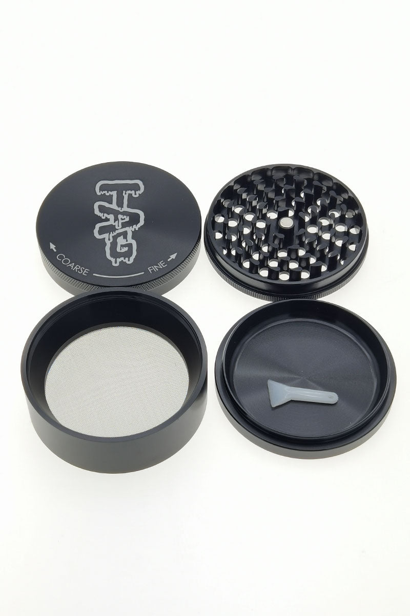 TAG 3" Black Four Chamber Grinder with 120 Micron Screen and Wavy Logo, Disassembled View