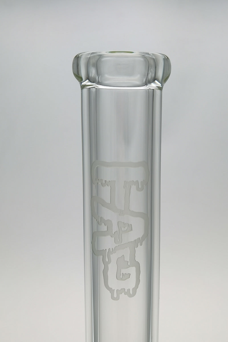 Close-up of TAG 30" Beaker Bong with Rasta Logo, 9mm Thick Borosilicate Glass, Front View