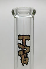 Close-up of TAG 30" Beaker Bong neck with Rasta logo, featuring heavy 9mm thick glass