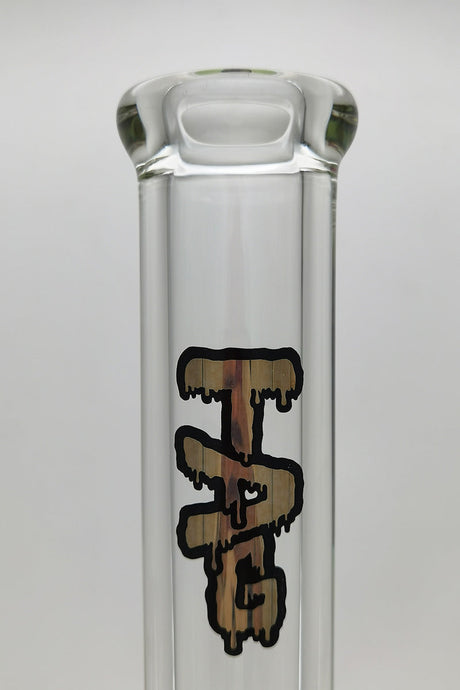 Close-up of TAG 30" Beaker Bong neck with Rasta logo, featuring heavy 9mm thick glass
