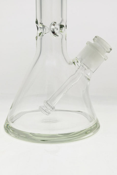 Close-up of TAG 30" Beaker Bong with Rasta color accents and heavy wall borosilicate glass