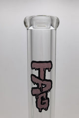 Close-up view of TAG 30" Beaker Bong with Rasta logo, 9mm thick borosilicate glass, and heavy wall design.