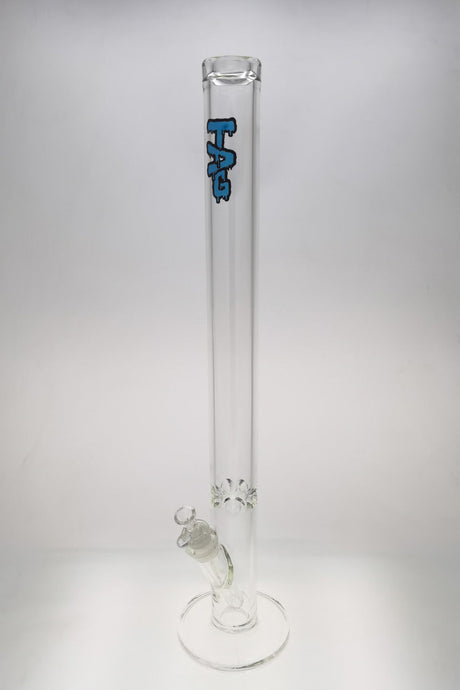 TAG 30" Straight Tube Bong, 65x7MM, Clear with Blue Label, Front View on White Background