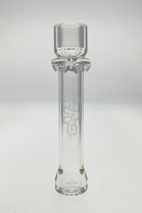 TAG 3.25" Chillum hand pipe with laser engraved logo, clear glass, front view on white background