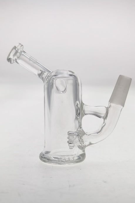 TAG 3.25" Fixed Showerhead Pocket Rig, Clear with Sandblasted Logo, Side View, 10MM Male Joint
