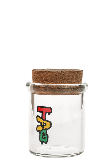 TAG 3.25" Glass Jar, Rasta Colored Logo, Cork Top, Clear Glass, Front View