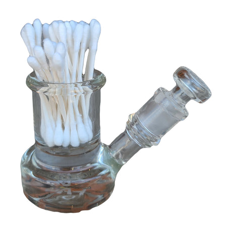 TAG 3.5" Glass Cleaning Jar with Q-Tips, Large Alcohol Reservoir, Side View on Brick Background
