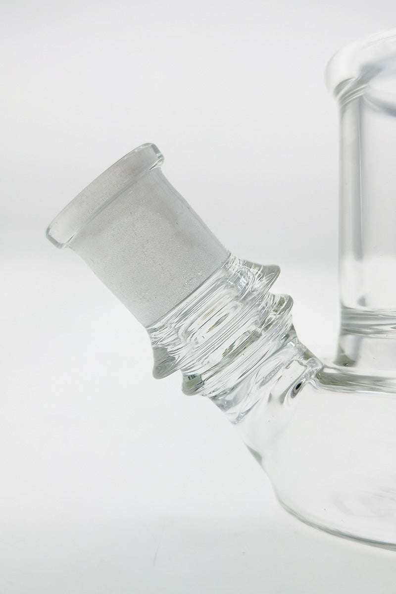 Close-up of TAG Q-Tip ISO Cleaning Jar joint plug, 14mm female, clear glass, side view