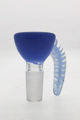 TAG blue glass bong bowl with 4 hole disc screen and striped horn handle, side view