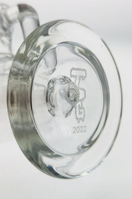 Close-up of TAG 5" UFO Micro Ball Rig base showing 6-hole percolator and Thick Ass Glass logo