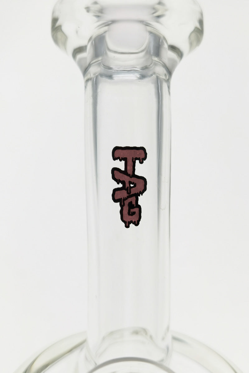 Close-up of TAG logo on 5.5" Super Slit Froth Puck Rig by Thick Ass Glass