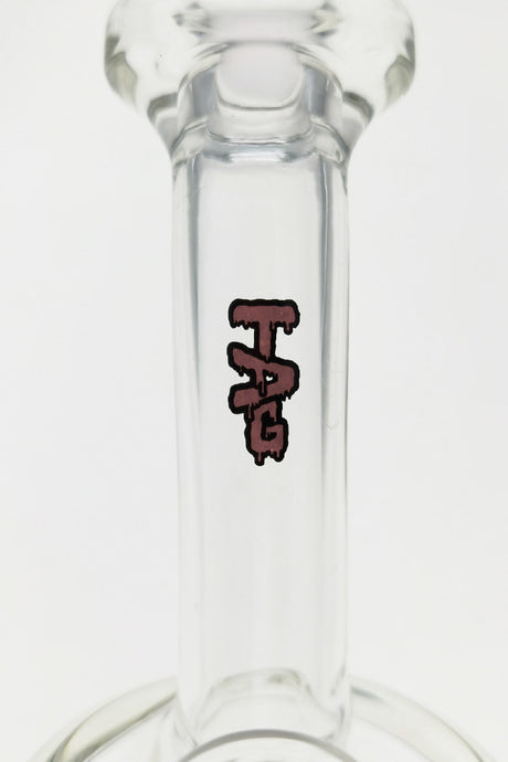 Close-up of TAG logo on 5.5" Super Slit Froth Puck Rig by Thick Ass Glass