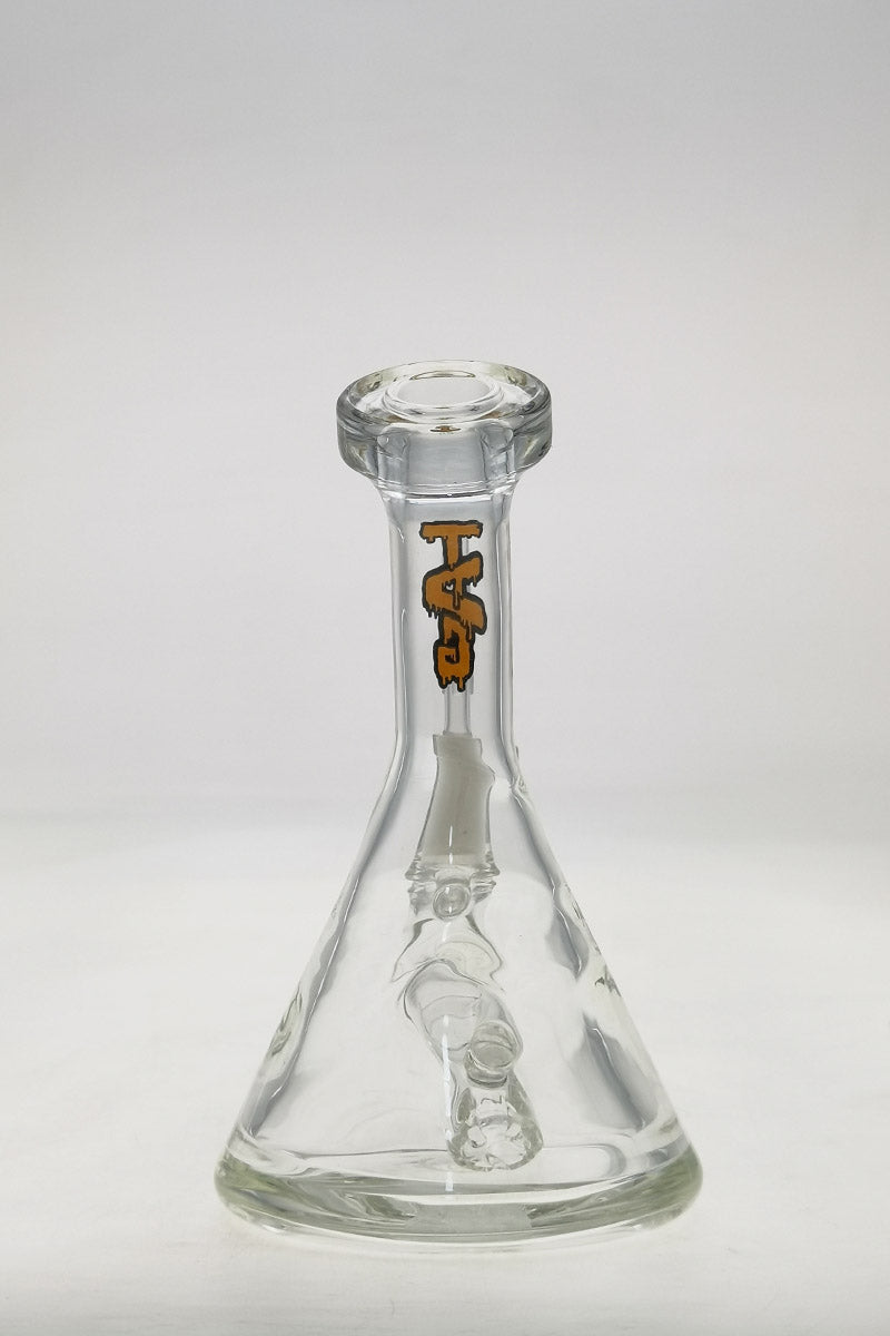 TAG 6" Bent Neck Fixed Stem Beaker for Bongs, 14MM Female Joint, Front View on White