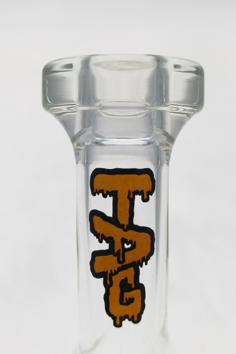 TAG 6" Bent Neck Beaker with Fixed Stem, 14MM Female Joint, Front View on White