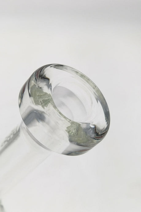 Close-up of TAG 6" Fixed Showerhead Puck Pyramid Rig's 14MM Male joint with clear glass