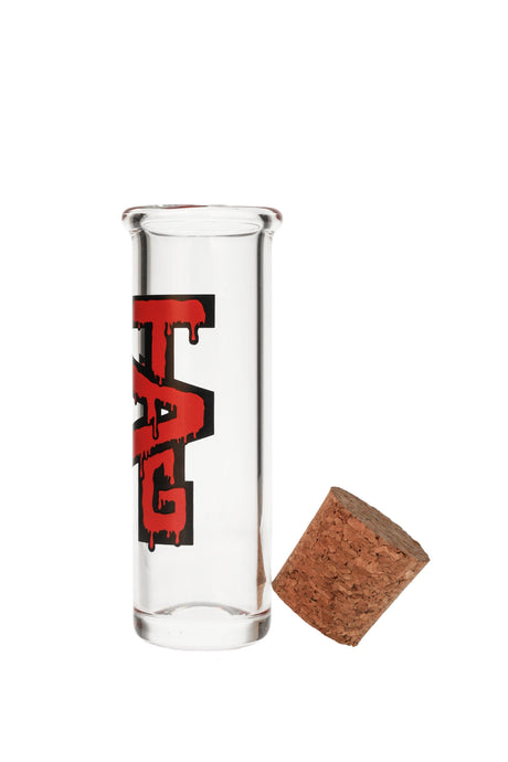 TAG 6" clear glass jar with cork top and wavy red label, perfect for bong storage - front view