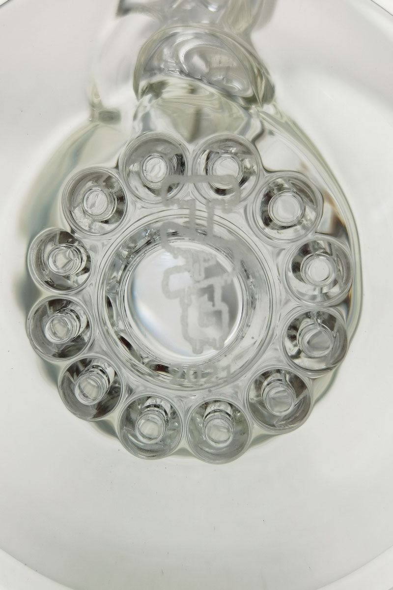 TAG 6.5" Bent Neck Bong close-up showcasing the intricate 12-Arm Diffuser and sturdy Bellow Base