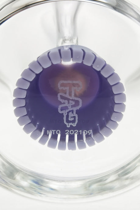 Close-up of TAG 6.5" Super Slit Froth Puck Rig base with purple showerhead percolator