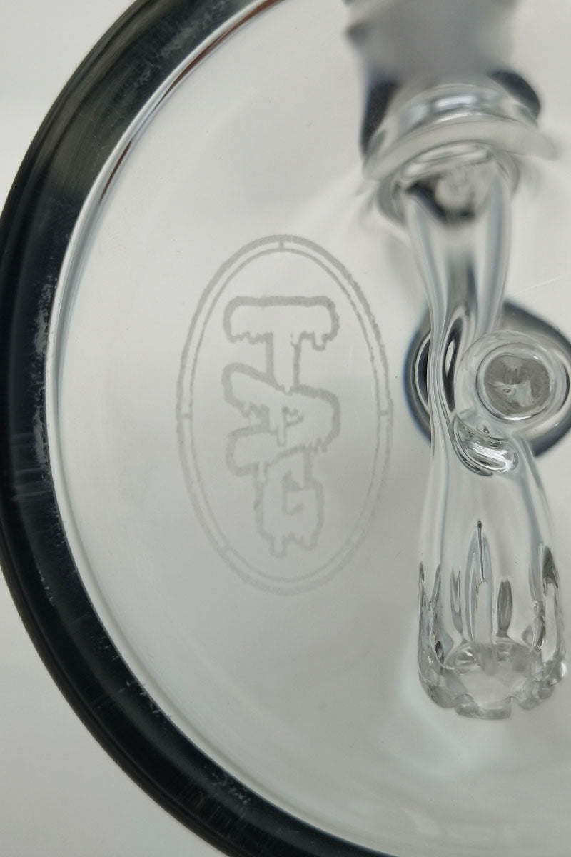 Close-up of TAG 7" Beaker Base with Fixed Showerhead Downstem and Engraved Logo