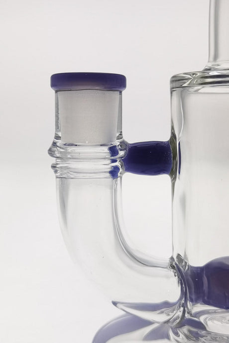 Close-up side view of TAG 7" Bent Neck Dab Rig with Fixed Showerhead Puck Diffuser, 14MM Female joint