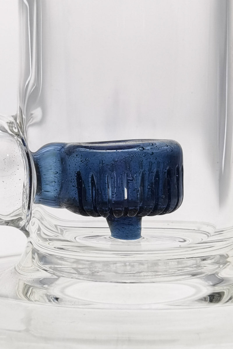 Close-up of TAG 7" Bent Neck Dab Rig with Blue Showerhead Puck Diffuser