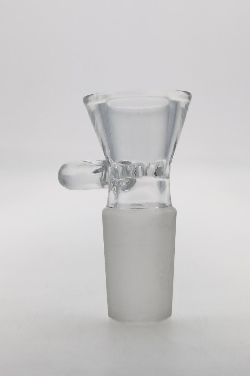 TAG 18-19mm clear glass bong bowl with 7 hole disc screen and handle, front view on white background