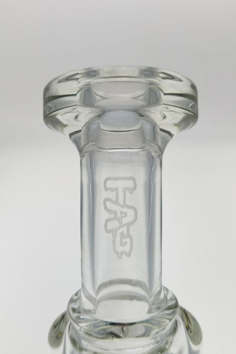 Close-up of TAG 7" Mini Klein Bong neck with Showerhead Percolator and 10mm Female Joint