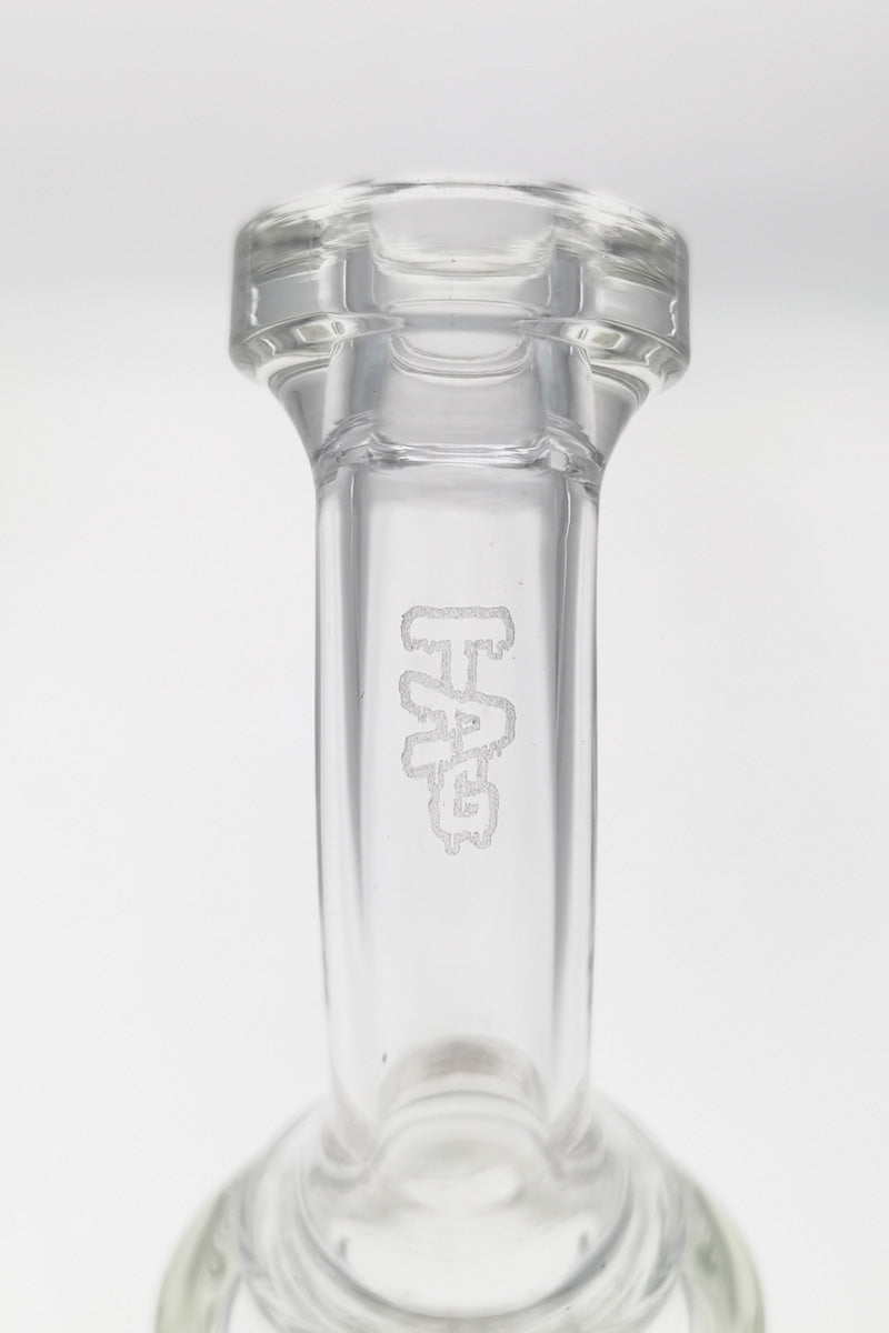 Close-up of TAG 7.5" Bent Neck Dab Rig with Fritted Disc and 14MM Female Joint
