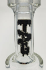 Close-up TAG logo on 8" Bent Neck Puck Bong by Thick Ass Glass with Showerhead Percolator