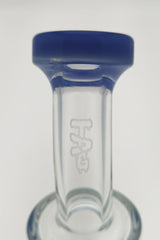 Close-up of TAG 8" Bent Neck Bong with Blue Accents and Showerhead Percolator