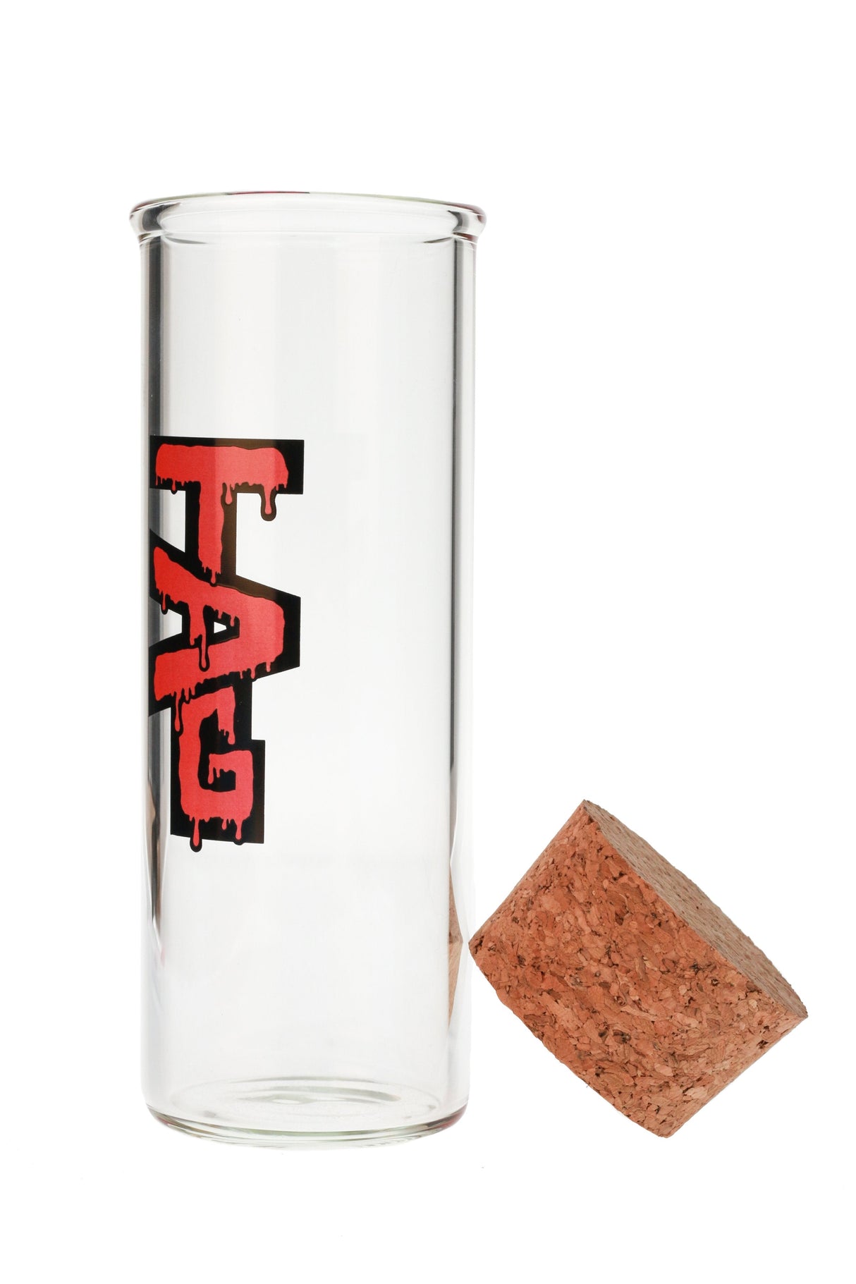 TAG - 8" Clear Glass Jar with Cork Top, 75x5MM, Front View with TAG Logo